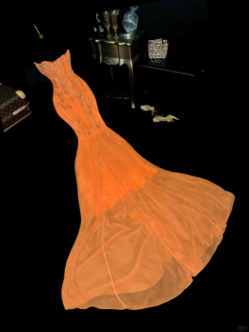 Stunning Mermaid Strapless Beaded Sequin Orange Chiffon Long Prom Dress Party Dress HZ1023